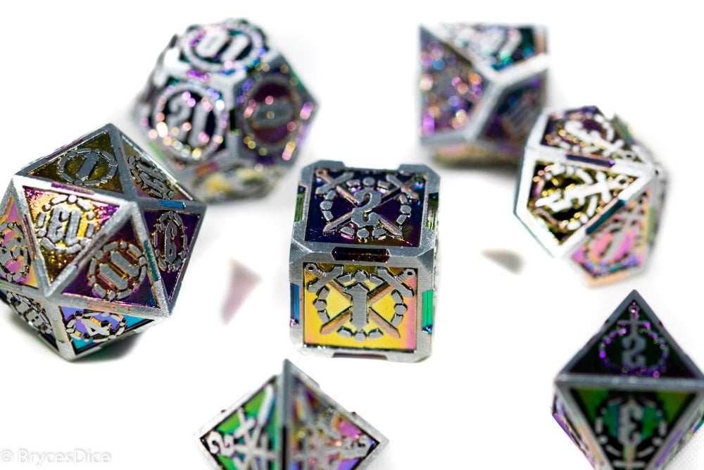 Silver w/Rainbow Inlay Sword Strengthened Metal 7-Dice Set - 