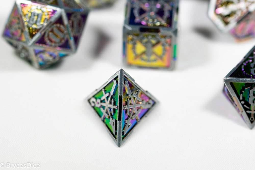 Silver w/Rainbow Inlay Sword Strengthened Metal 7-Dice Set - 