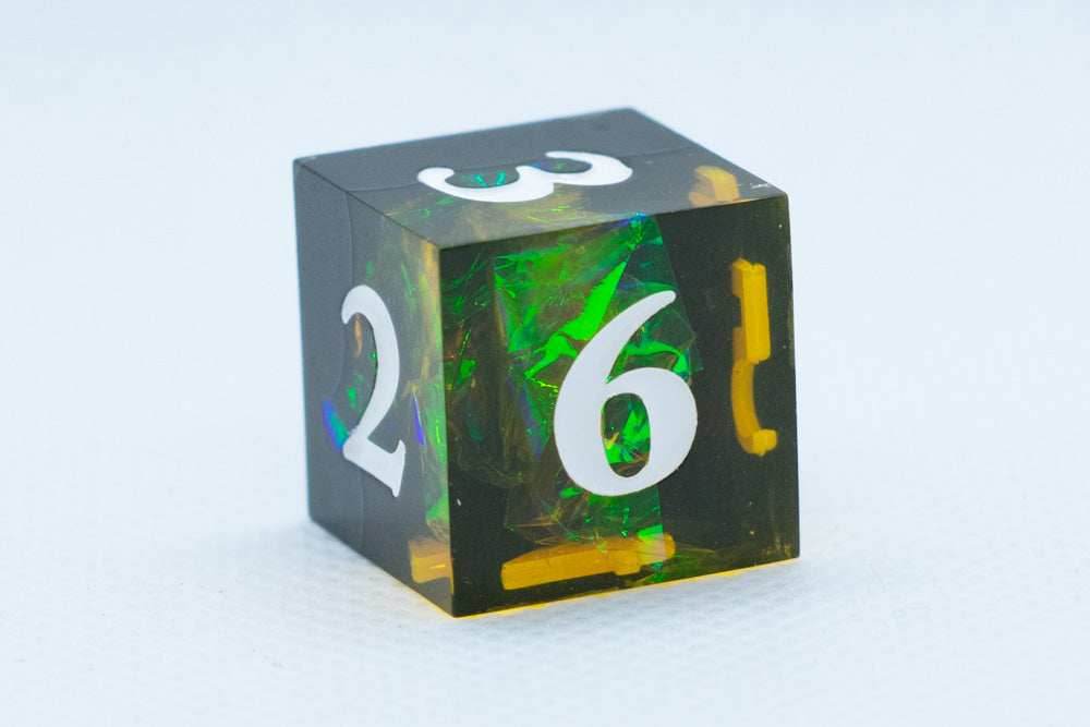 Infection Sharp Edge Resin d6/d20-Dice (Black & Yellow w/White Numbers) [subtle imperfection] - d6