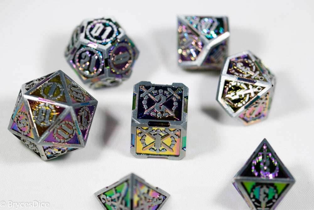 Silver w/Rainbow Inlay Sword Strengthened Metal 7-Dice Set - 
