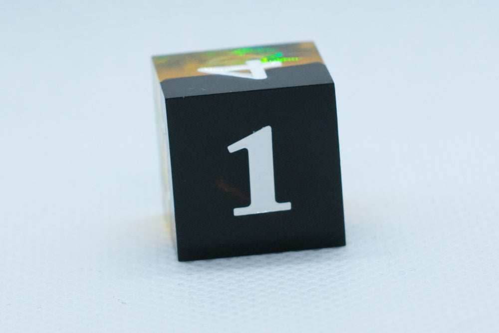 Infection Sharp Edge Resin d6/d20-Dice (Black & Yellow w/White Numbers) [subtle imperfection] - d6