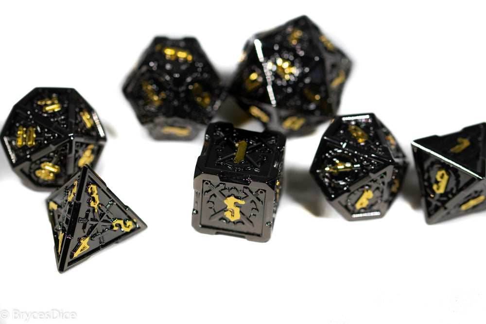 Black w/Gold Numbering Sword Strengthened Metal 7-Dice Set - 