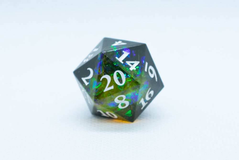 Infection Sharp Edge Resin d6/d20-Dice (Black & Yellow w/White Numbers) [subtle imperfection] - d20