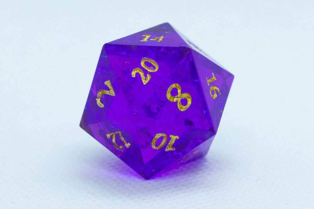 Pinnacle of Purple Sharp Edge Resin d6 / d20-Dice (Purple w/ Gold Numbers) - d20