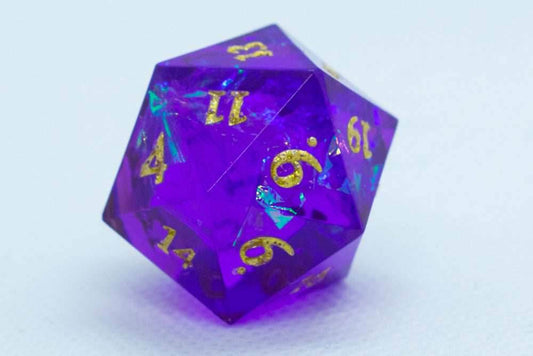 Pinnacle of Purple Sharp Edge Resin d6 / d20-Dice (Purple w/ Gold Numbers) - d6 IMPERFECT