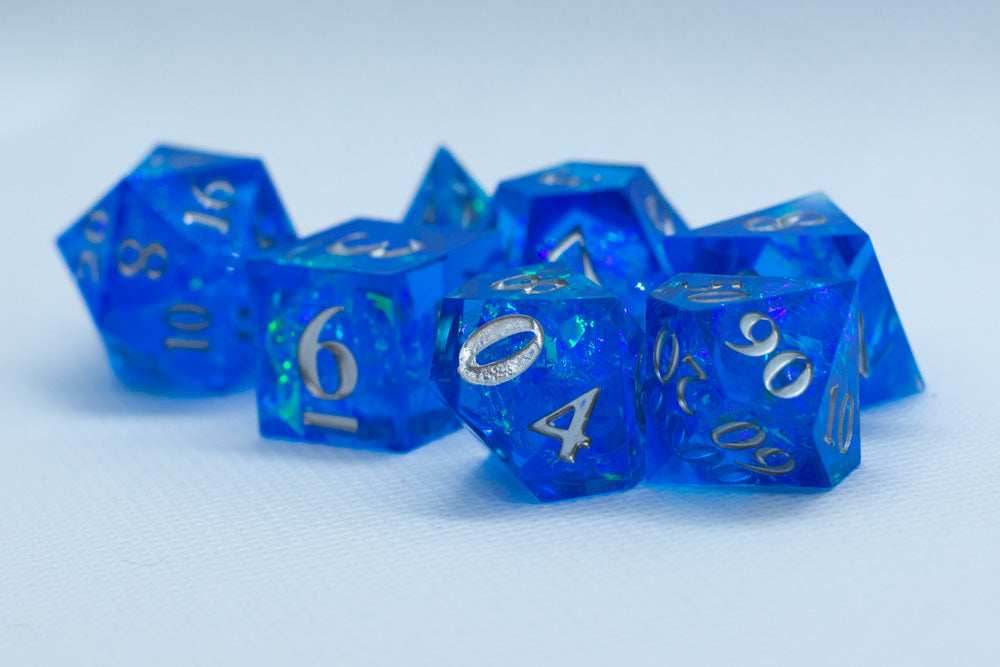 Water Sharp Resin 7-Dice RPG DND Set (w/Silver Numbers) B-Grade - 