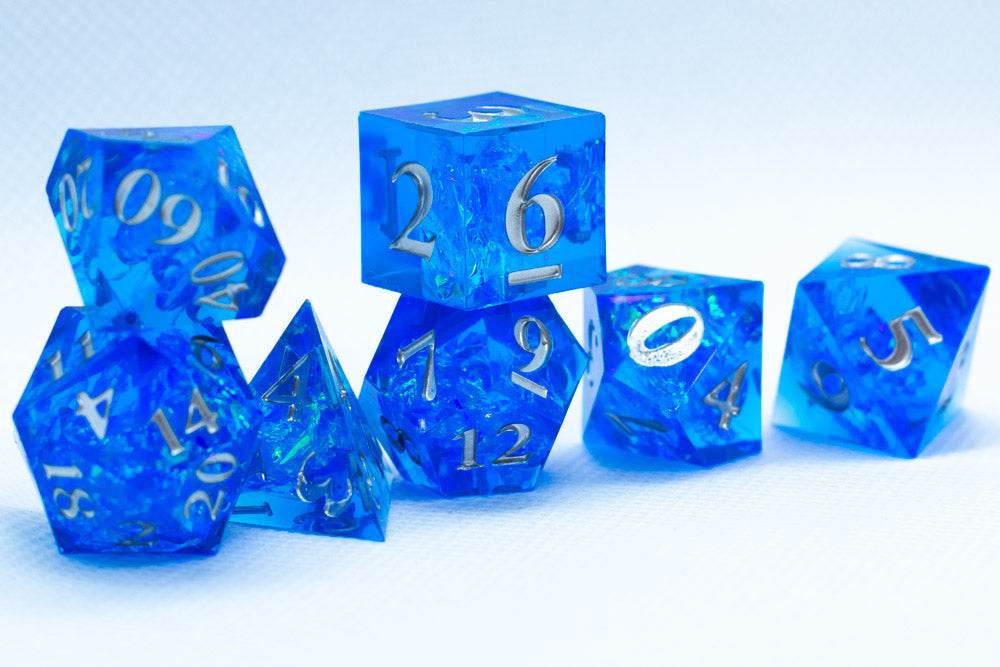 Water Sharp Resin 7-Dice RPG DND Set (w/Silver Numbers) B-Grade - 