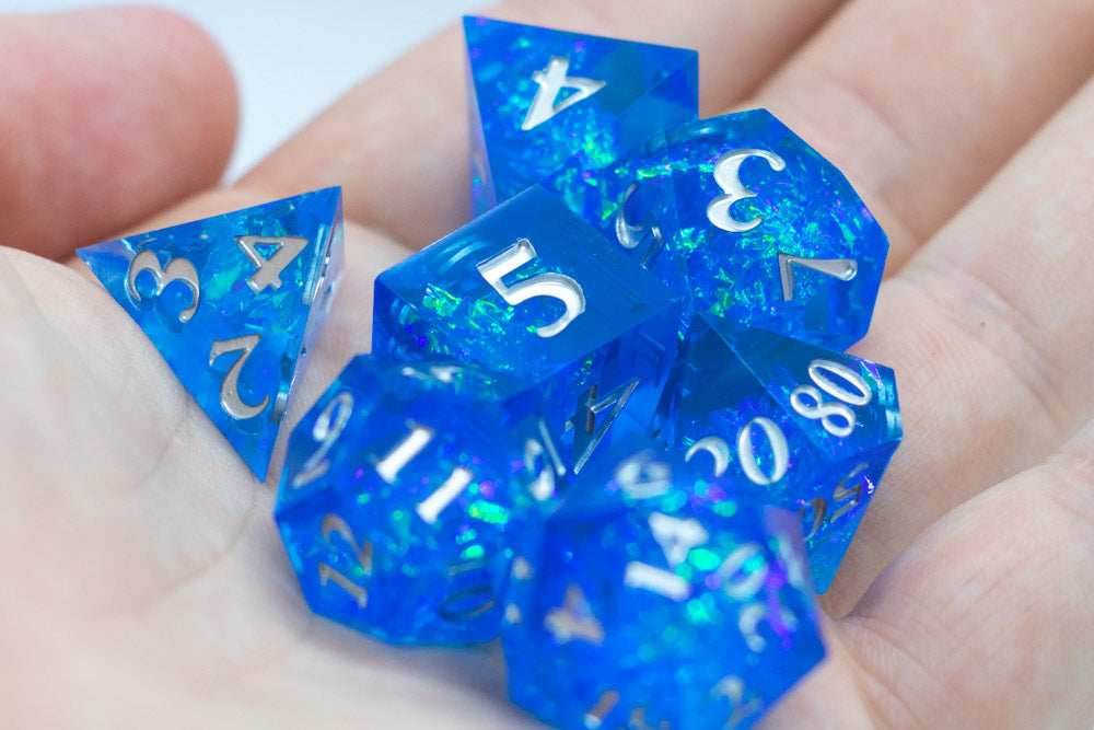 Water Sharp Resin 7-Dice RPG DND Set (w/Silver Numbers) B-Grade - 