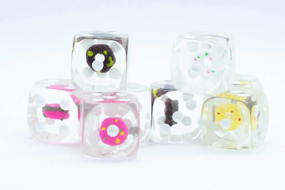 8- Pack Donut Dice Pink, Yellow, Vanilla, Chocolate; 16mm d6 Pipped Dice - 