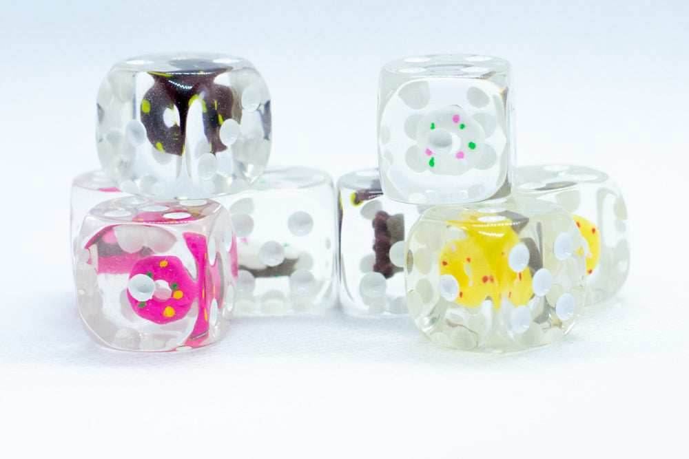 8- Pack Donut Dice Pink, Yellow, Vanilla, Chocolate; 16mm d6 Pipped Dice - 