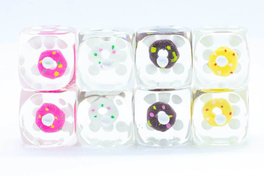 8- Pack Donut Dice Pink, Yellow, Vanilla, Chocolate; 16mm d6 Pipped Dice - 