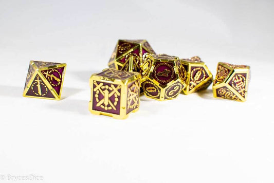 Gold (Deep Maroon Inlay) Sword Strengthened Metal 7-Dice Set - 