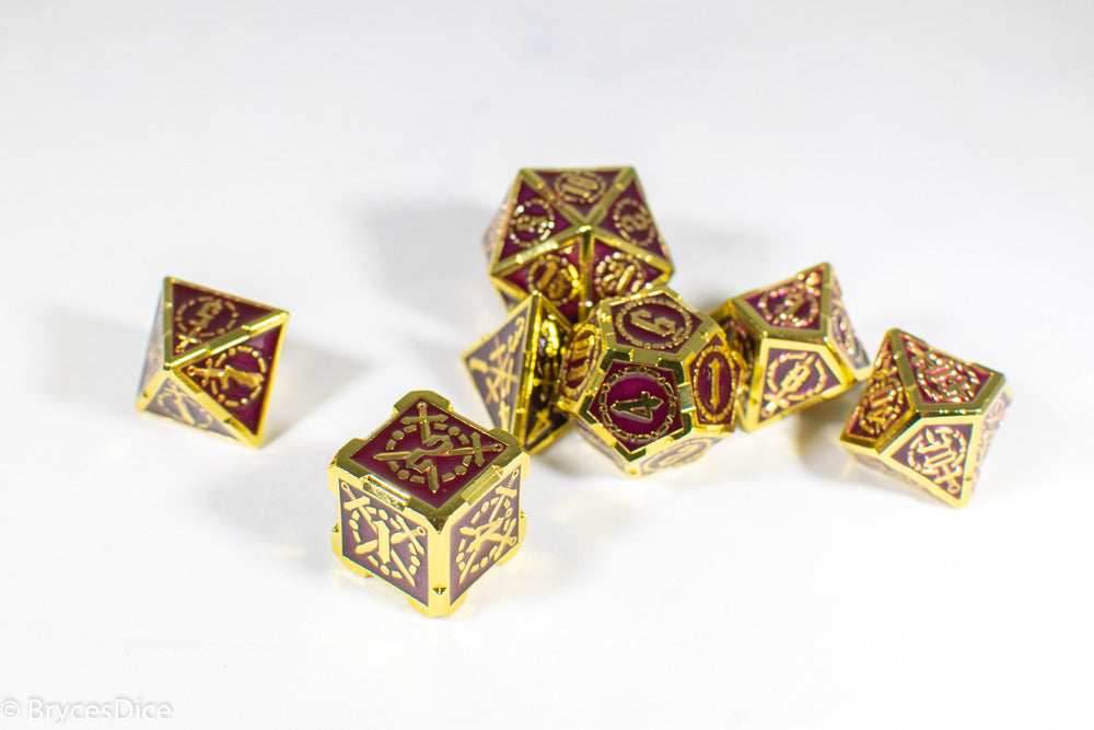 Gold (Deep Maroon Inlay) Sword Strengthened Metal 7-Dice Set - 