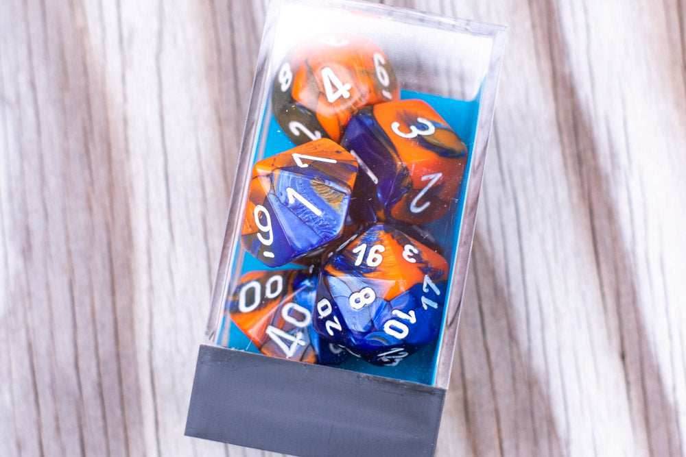 Gemini Polyhedral Blue-Orange wWhite 7-Dice Set OOP - 