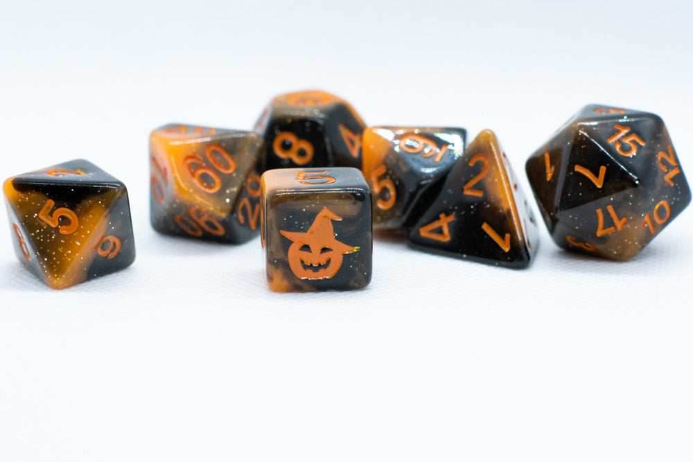 Halloween Black/Orange w/Glitter & Pumpkin 7-Dice Set RPG DND - 