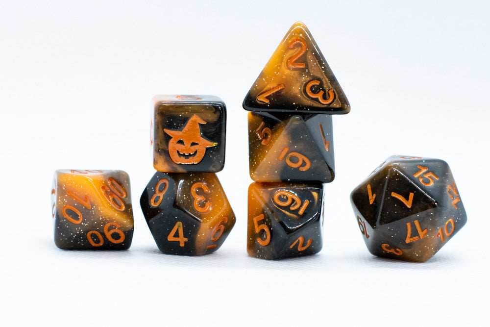 Halloween Black/Orange w/Glitter & Pumpkin 7-Dice Set RPG DND - 