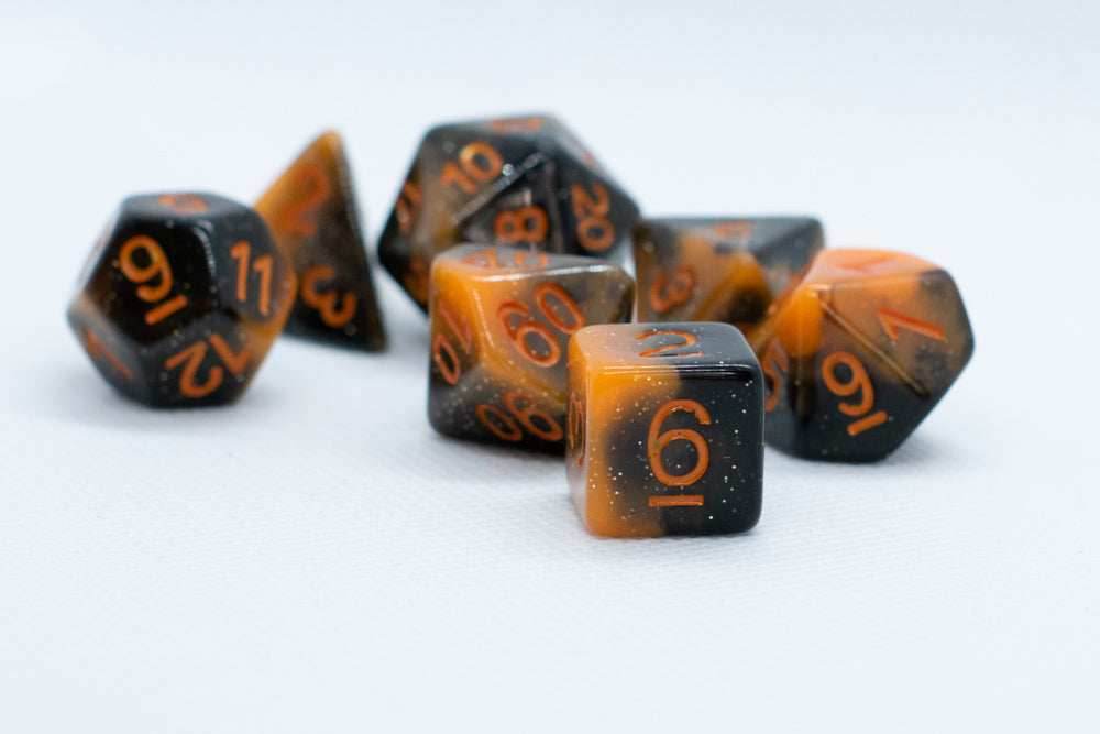 Halloween Black/Orange w/Glitter & Pumpkin 7-Dice Set RPG DND - 