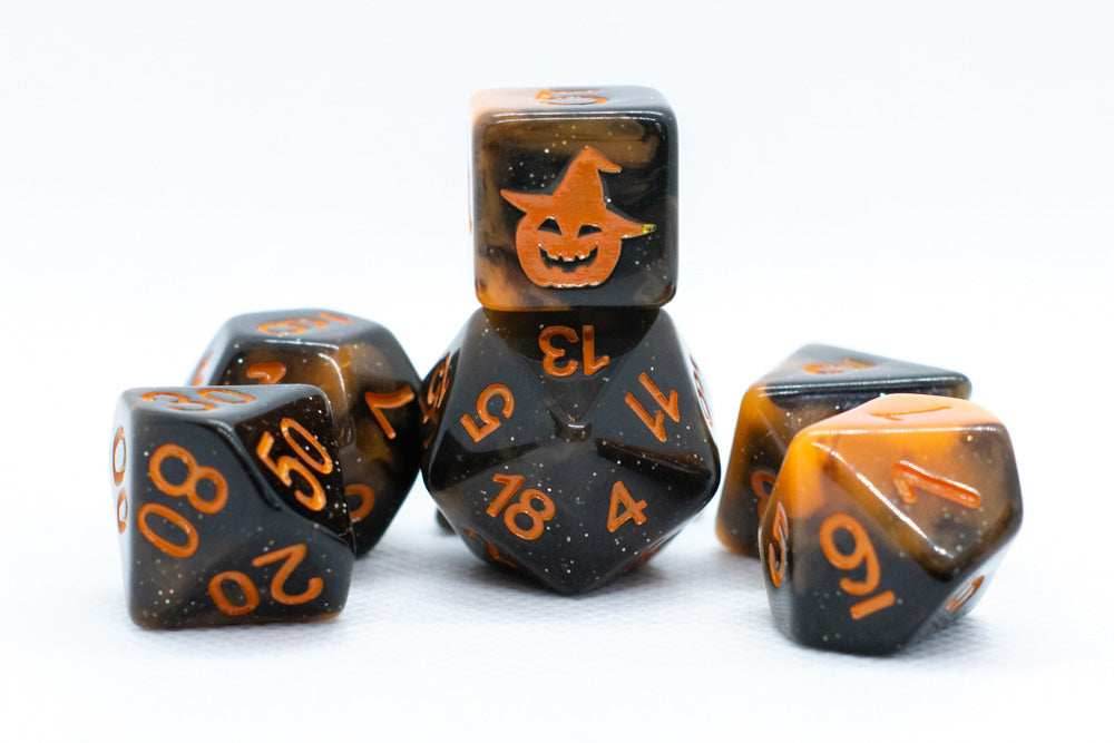 Halloween Black/Orange w/Glitter & Pumpkin 7-Dice Set RPG DND - 