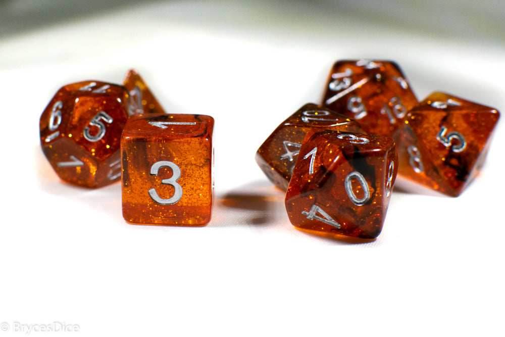 Orange w/ Black Swirl and Silver Ink 7-Dice Set DND RPG - 