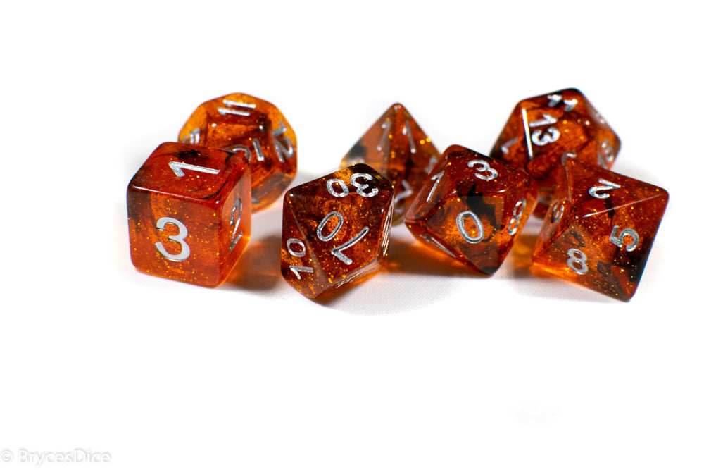 Orange w/ Black Swirl and Silver Ink 7-Dice Set DND RPG - 