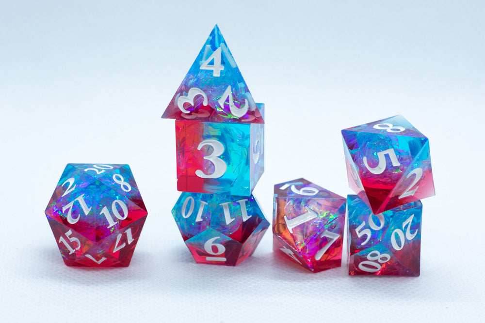 Infected Sharp Edge Resin 7-Dice Dice (Blue Red w/ White Numbers) - 