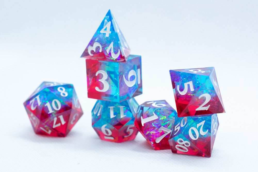 Infected Sharp Edge Resin 7-Dice Dice (Blue Red w/ White Numbers) - 