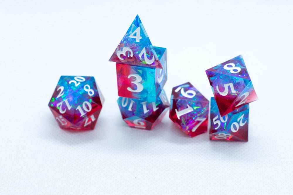 Infected Sharp Edge Resin 7-Dice Dice (Blue Red w/ White Numbers) - 