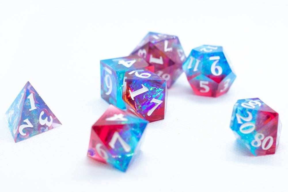 Infected Sharp Edge Resin 7-Dice Dice (Blue Red w/ White Numbers) - 