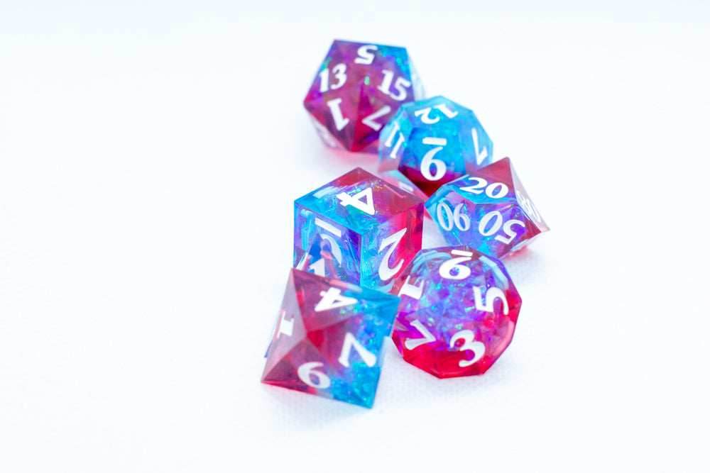 Infected Sharp Edge Resin 7-Dice Dice (Blue Red w/ White Numbers) - 