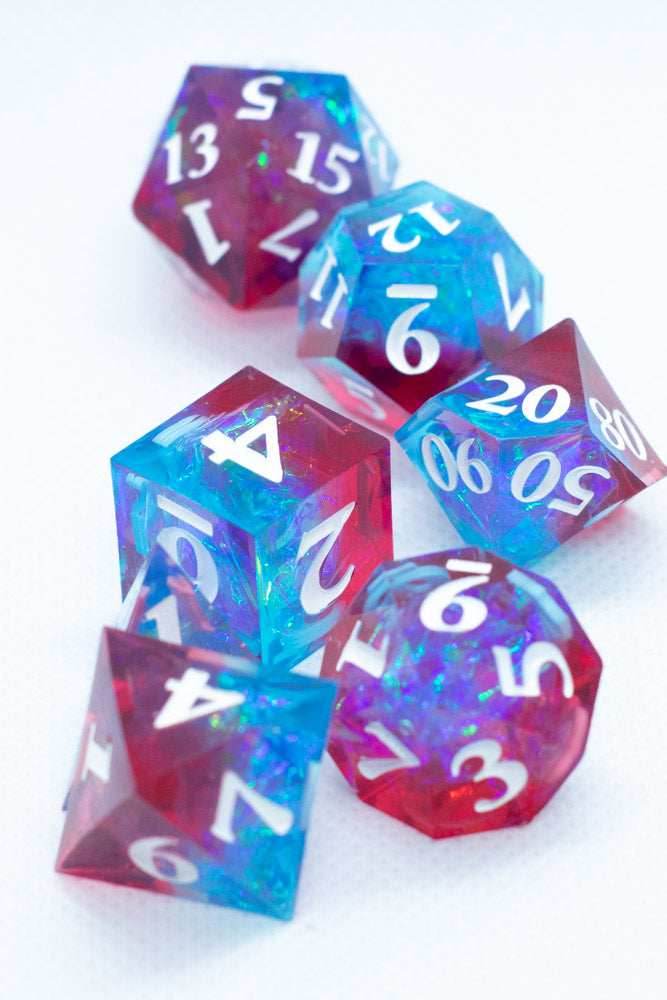 Infected Sharp Edge Resin 7-Dice Dice (Blue Red w/ White Numbers) - 