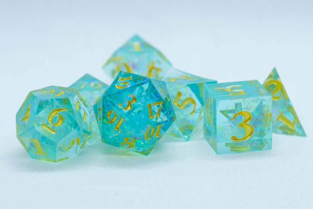 Sea-Foam Sharp Edge Resin 7-Dice Dice (Soft Blue w/ Gold Numbers) - 