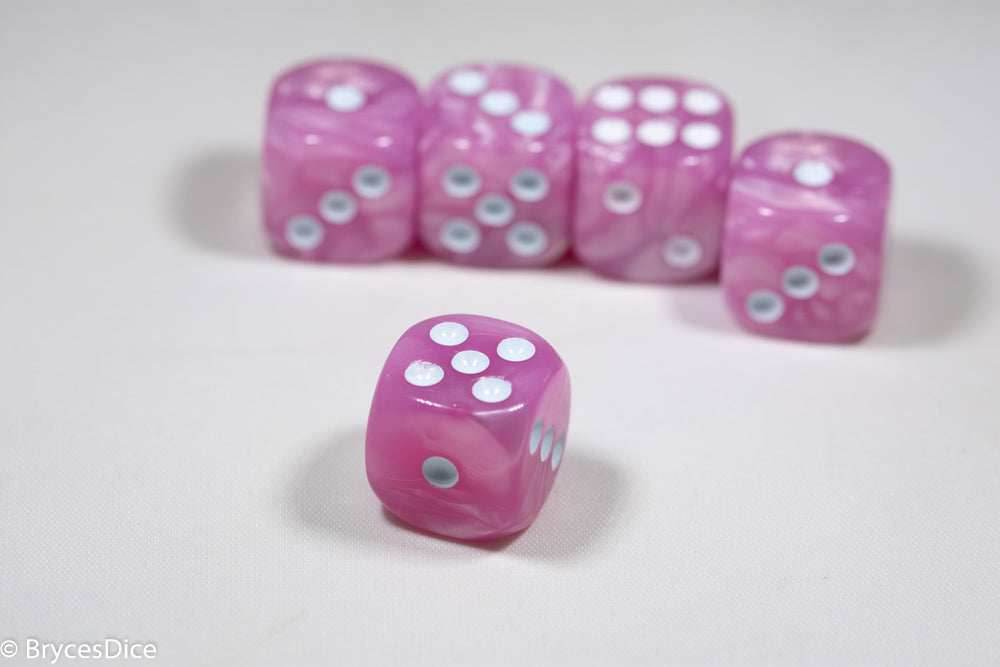 Pearl/Swirl Pipped d6 Dice Orange/Pink/Maroon/Electric Yellow/Brown/Blue/Green/Cranberry 16mm (SOLD BY PIECE) - Pink