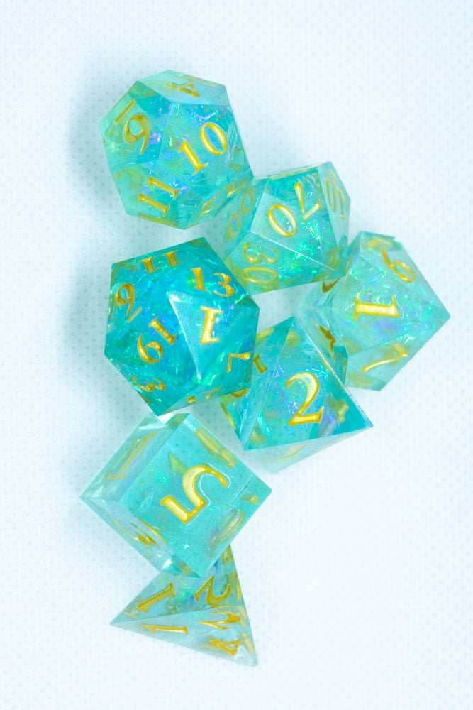 Sea-Foam Sharp Edge Resin 7-Dice Dice (Soft Blue w/ Gold Numbers) - 