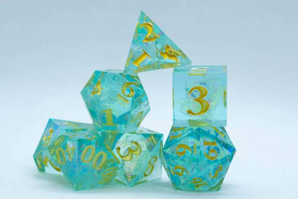 Sea-Foam Sharp Edge Resin 7-Dice Dice (Soft Blue w/ Gold Numbers) - 