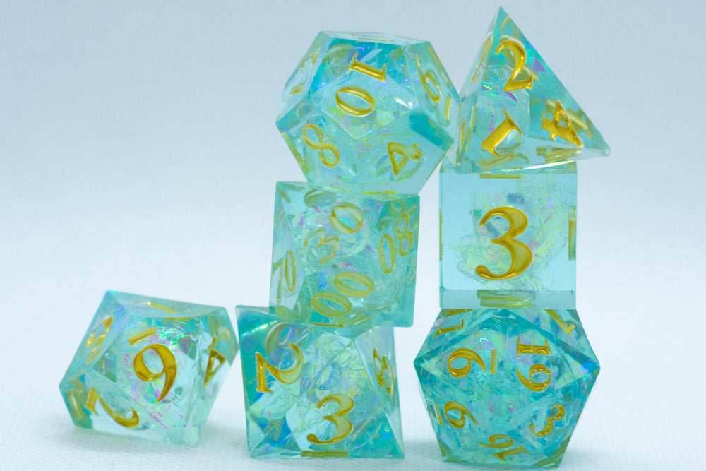 Sea-Foam Sharp Edge Resin 7-Dice Dice (Soft Blue w/ Gold Numbers) - 