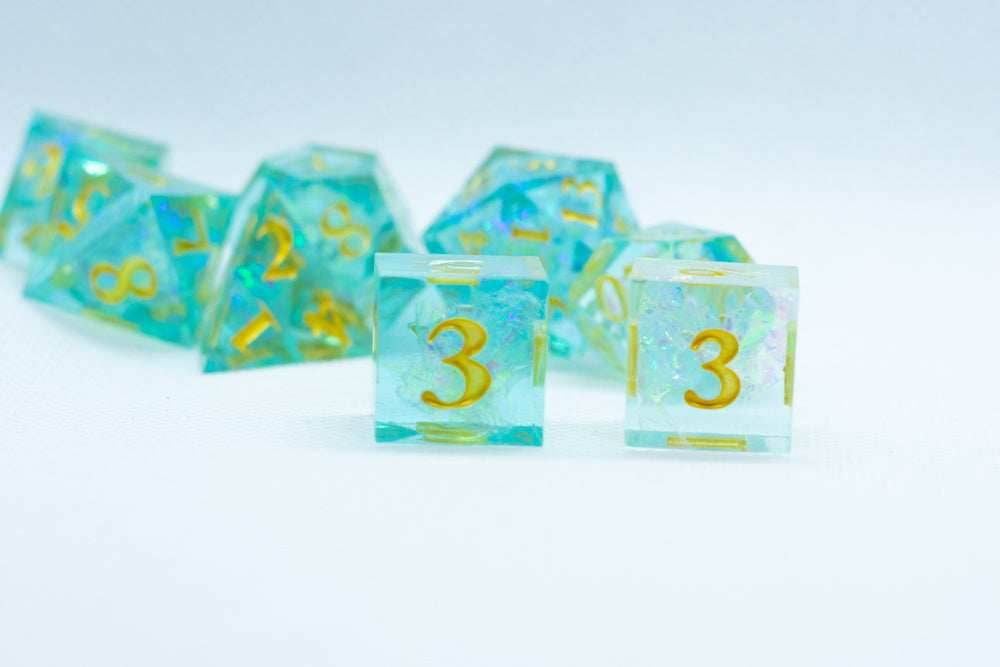 Sea-Foam Sharp Edge Resin 7-Dice Dice (Soft Blue w/ Gold Numbers) - 