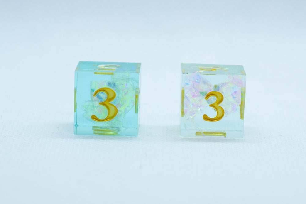 Sea-Foam Sharp Edge Resin 7-Dice Dice (Soft Blue w/ Gold Numbers) - 