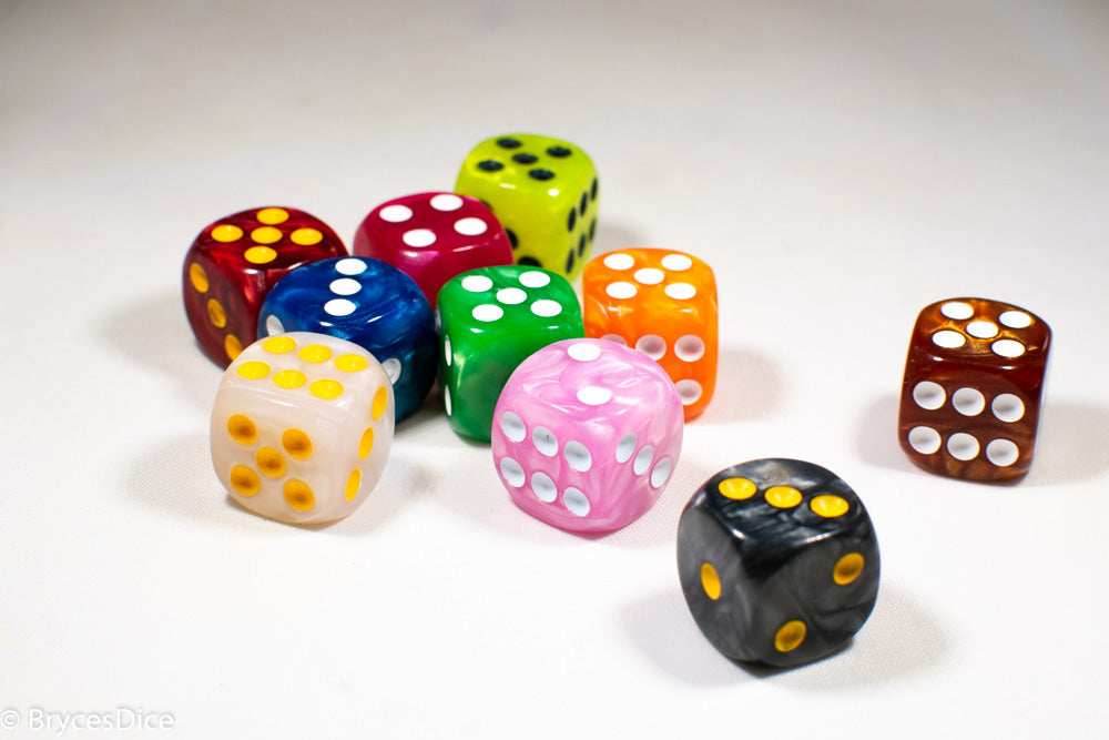 Pearl/Swirl Pipped d6 Dice Orange/Pink/Maroon/Electric Yellow/Brown/Blue/Green/Cranberry 16mm (SOLD BY PIECE) - Pink