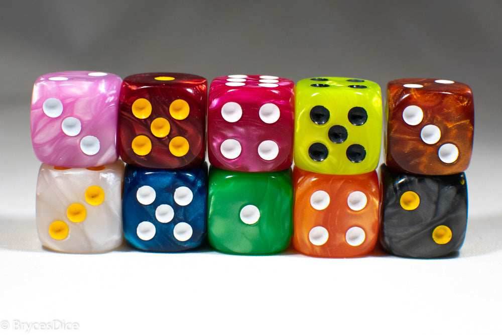 Pearl/Swirl Pipped d6 Dice Orange/Pink/Maroon/Electric Yellow/Brown/Blue/Green/Cranberry 16mm (SOLD BY PIECE) - Pink