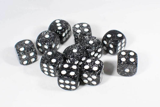 Black with Glitter D6 16mm Pipped Dice (sold by the piece) - 