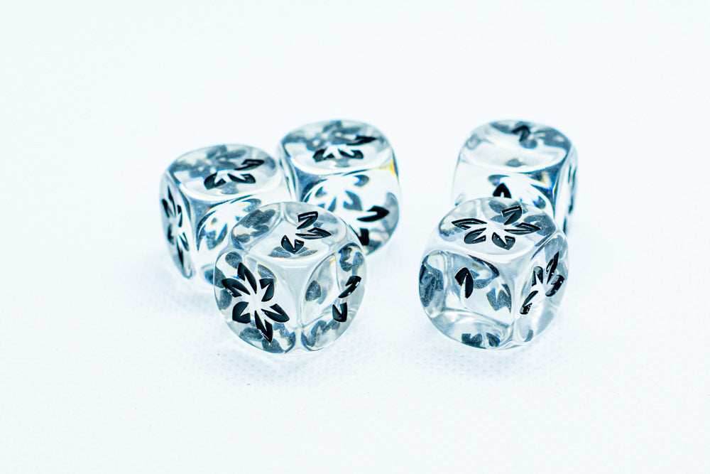 Clear w/Black Falling Petals Dice 16mm D6 Flower Dice (sold per die) - 
