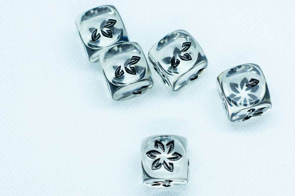 Clear w/Black Falling Petals Dice 16mm D6 Flower Dice (sold per die) - 