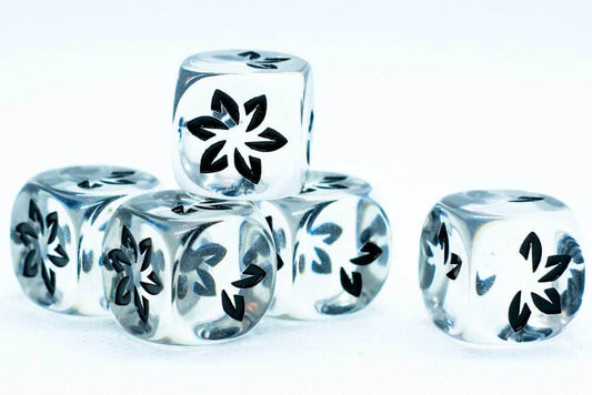 Clear w/Black Falling Petals Dice 16mm D6 Flower Dice (sold per die) - 