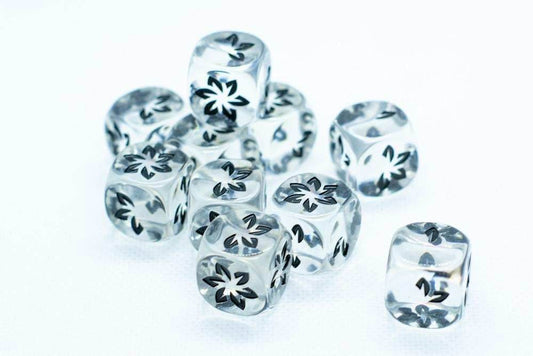 10-Pack Clear w/Black Falling Petals Dice 16mm D6 Flower Dice - 
