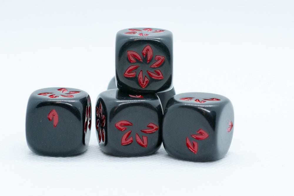 Black w/Red Falling Petals Dice 16mm D6 Flower Dice (sold per die) - 