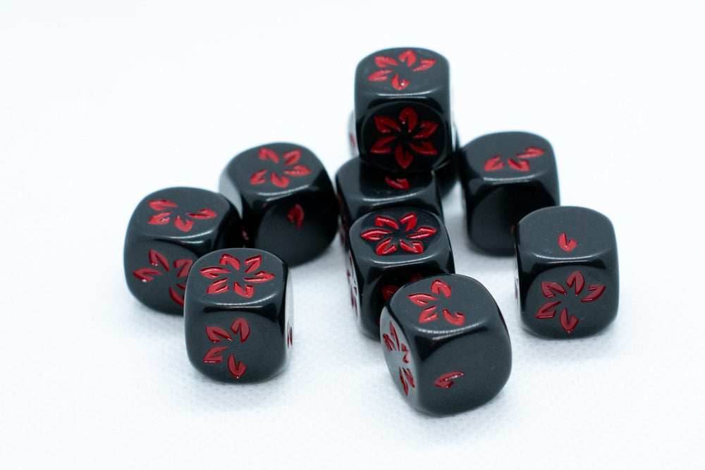 Black w/Red Falling Petals Dice 16mm D6 Flower Dice (sold per die) - 