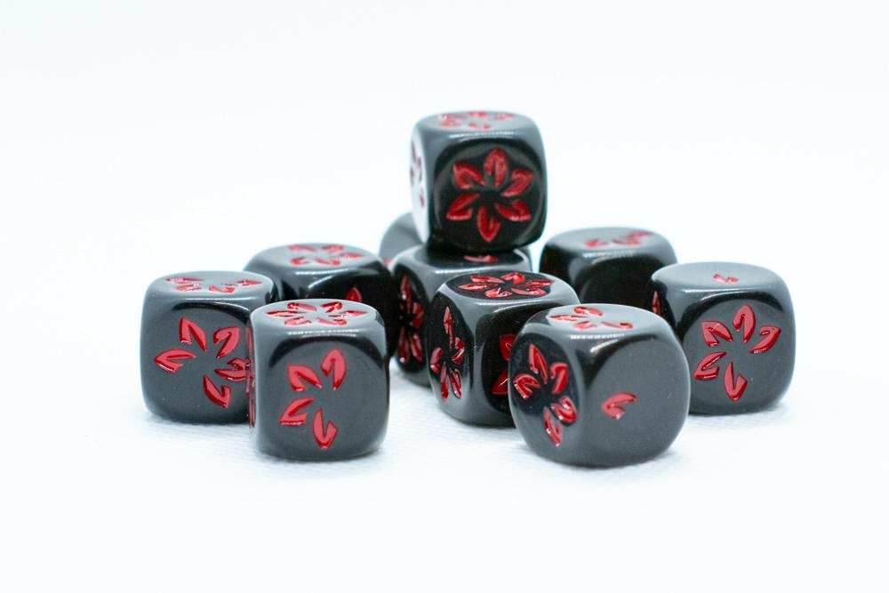 10-Pack Black w/Red Falling Petals Dice 16mm D6 Flower Dice - 