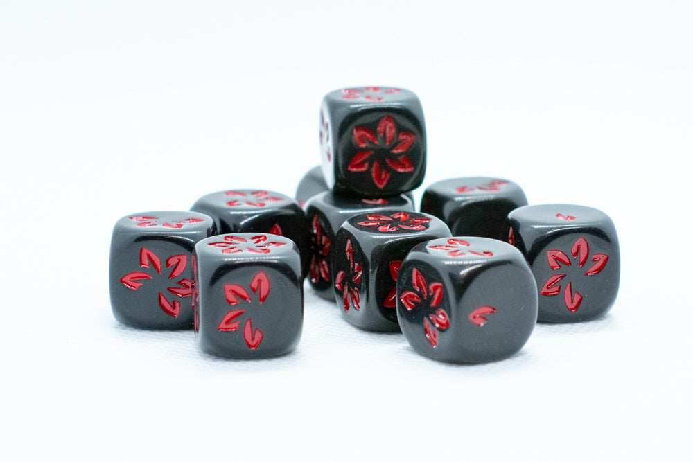 Black w/Red Falling Petals Dice 16mm D6 Flower Dice (sold per die) - 