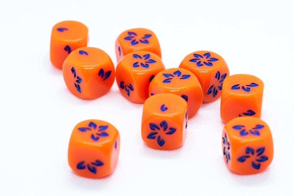 10-Pack Orange w/Blue Falling Petals Dice 16mm D6 Flower Dice - 