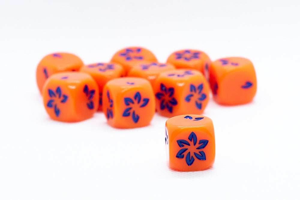 Orange w/Blue Falling Petals Dice 16mm D6 Flower Dice (sold per die) - 